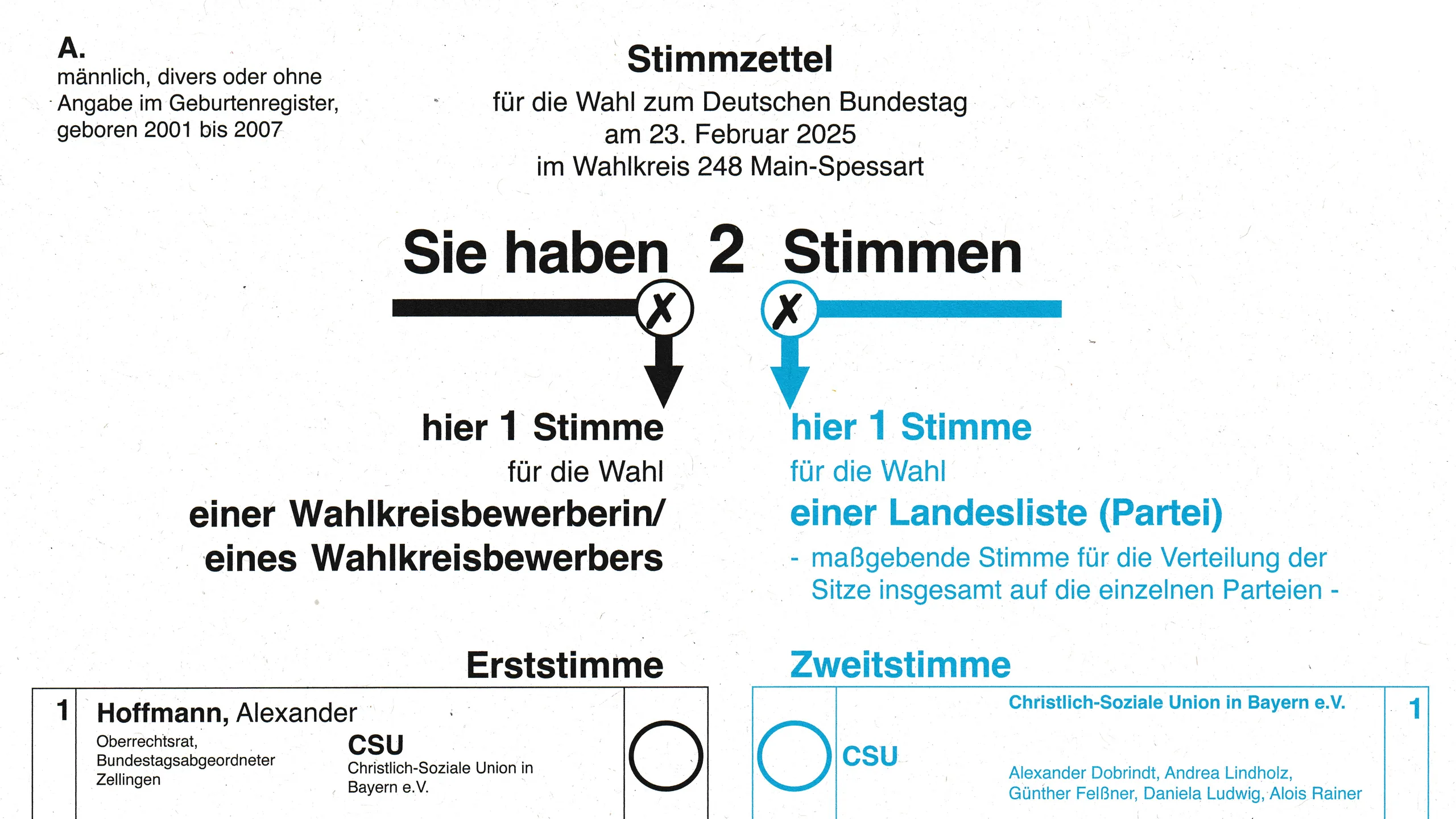 Stimmzettel zur Bundestagswahl 2025 im Wahlkreis 248 Main-Spessart, oberer Teil mit Erst- und Zweitstimme