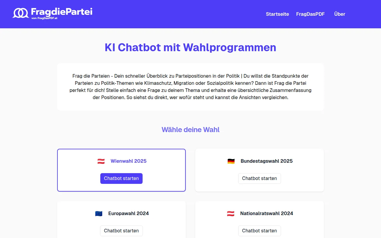 Startseite von Frag die Partei mit Chatbots zur Bundestagswahl 2025, Europawahl 2024 und österreichischen Wahlen