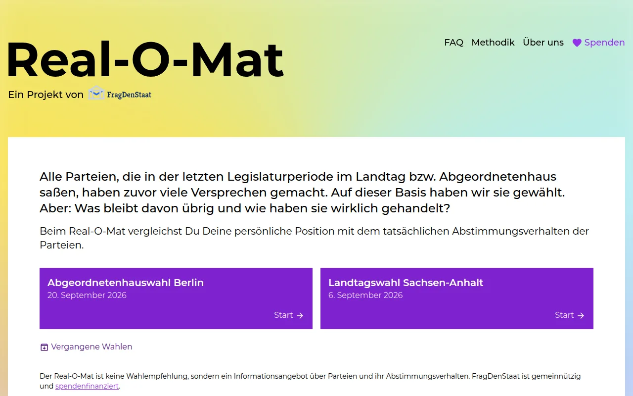 Startseite des Real-O-Mat im September 2026 mit den Versionen für Berlin und Sachsen-Anhalt