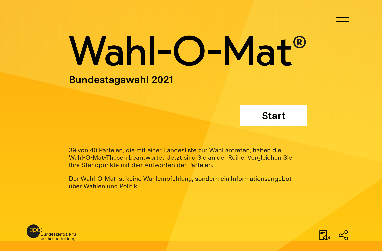 Startseite des Wahl-O-Mat zur Bundestagswahl 2021