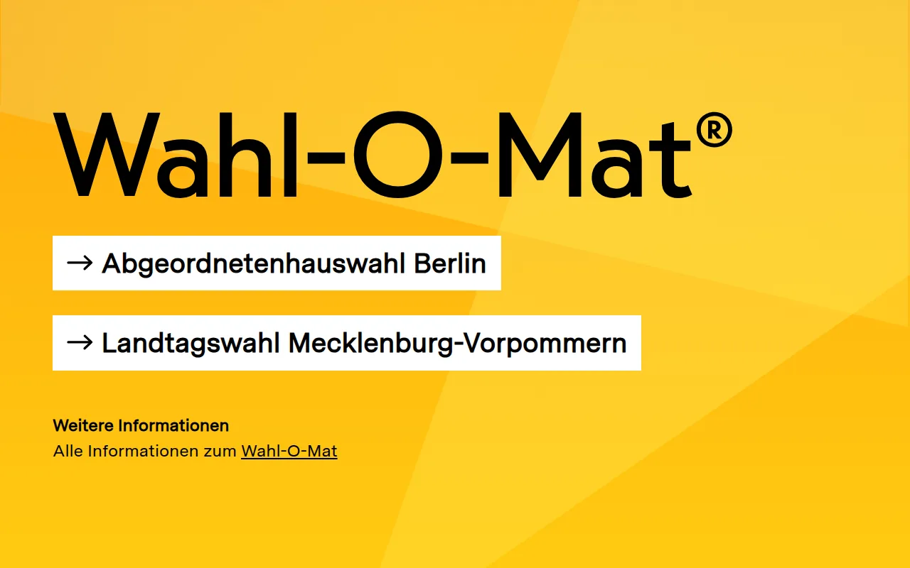 Startseite von wahl-o-mat.de im September 2026 mit den Versionen für Berlin und Mecklenburg-Vorpommern