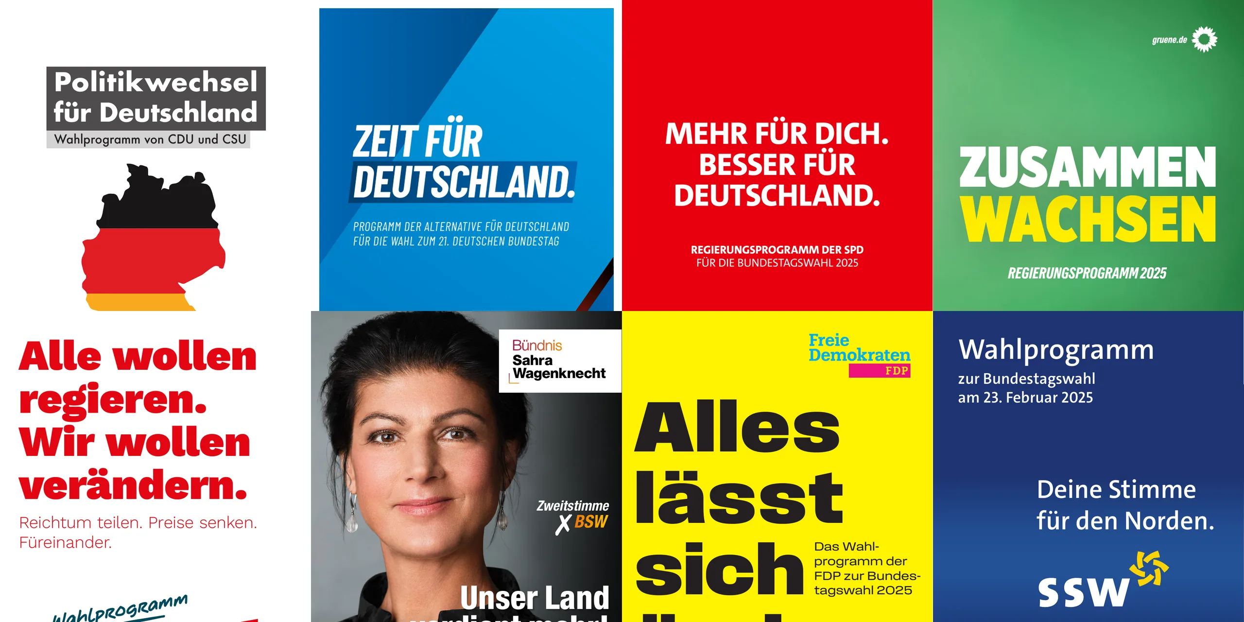 Titelseiten der Wahlprogramme von CDU/CSU, AfD, SPD, Grünen, Linke, BSW, FDP und SSW zur Bundestagswahl 2025
