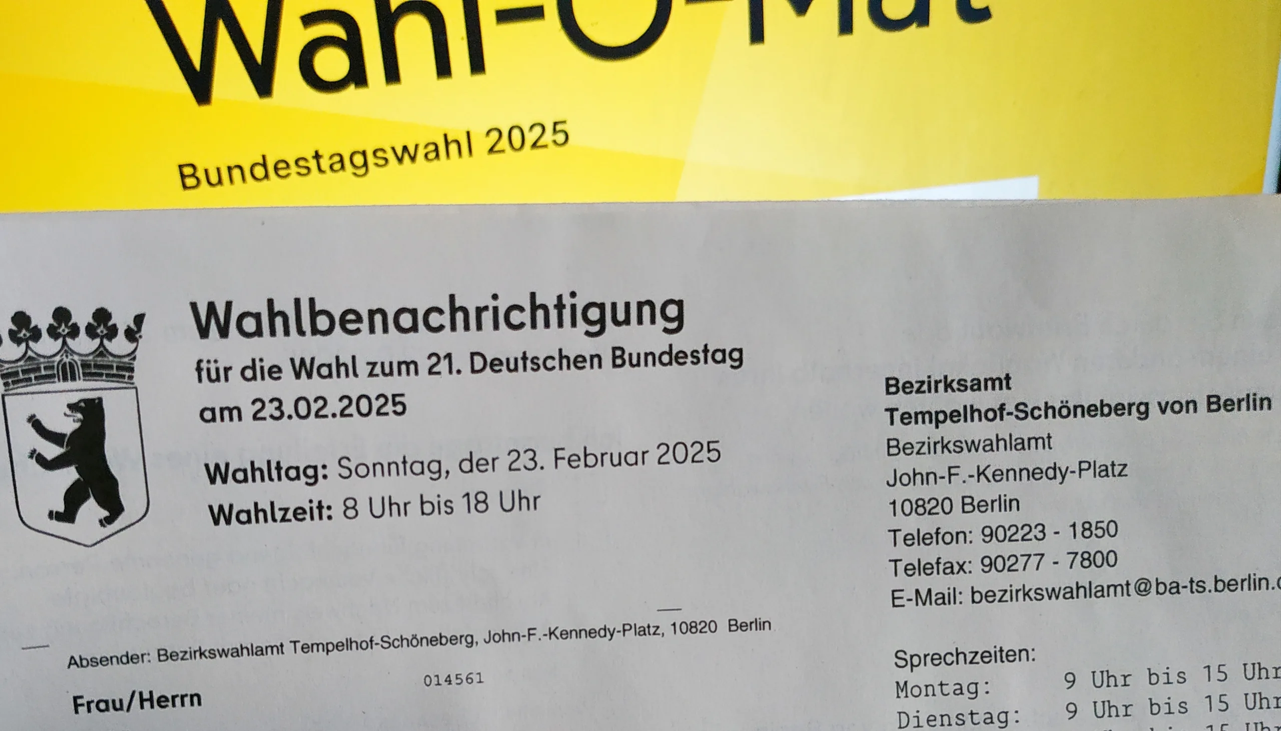 Wahlbenachrichtigung für die Bundestagswahl 2025